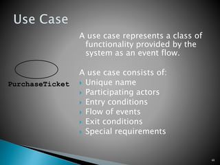 A use case represents a class of
functionality provided by the
system as an event flow.
A use case consists of:
 Unique name
 Participating actors
 Entry conditions
 Flow of events
 Exit conditions
 Special requirements
48
PurchaseTicket
 