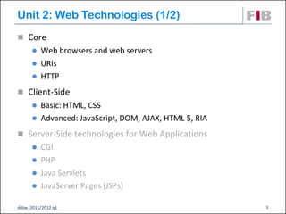 Unit 2: Web Technologies (1/2)‫‏‬
 Core
       Web browsers and web servers
       URIs
       HTTP

 Client-Side
       Basic: HTML, CSS
       Advanced: JavaScript, DOM, AJAX, HTML 5, RIA

 Server-Side technologies for Web Applications
       CGI
       PHP
       Java Servlets
       JavaServer Pages (JSPs)‫‏‬

dsbw 2011/2012 q1                                      1
 