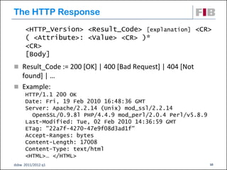 The HTTP Response
      <HTTP_Version> <Result_Code> [explanation] <CR>
      ( <Attribute>: <Value> <CR> )*
      <CR>
      [Body]
 Result_Code := 200 [OK] | 400 [Bad Request] | 404 [Not
  found] | …
 Example:
      HTTP/1.1 200 OK
      Date: Fri, 19 Feb 2010 16:48:36 GMT
      Server: Apache/2.2.14 (Unix) mod_ssl/2.2.14
        OpenSSL/0.9.8l PHP/4.4.9 mod_perl/2.0.4 Perl/v5.8.9
      Last-Modified: Tue, 02 Feb 2010 14:36:59 GMT
      ETag: "22a7f-4270-47e9f08d3ad1f"
      Accept-Ranges: bytes
      Content-Length: 17008
      Content-Type: text/html
      <HTML>… </HTML>
dsbw 2011/2012 q1                                             10
 