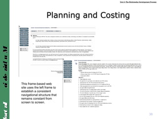 Unit 2: The Multimedia Development ProcessUnit 2: The Multimedia Development Process
IntroIntroMultimediaMultimedia
Planning and CostingPlanning and Costing
This frame-based web
site uses the left frame to
establish a consistent
navigational structure that
remains constant from
screen to screen.
30
 