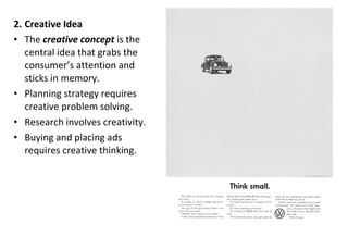 2. Creative Idea
• The creative concept is the
central idea that grabs the
consumer’s attention and
sticks in memory.
• Planning strategy requires
creative problem solving.
• Research involves creativity.
• Buying and placing ads
requires creative thinking.
 