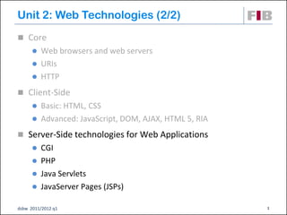 Unit 2: Web Technologies (2/2)‫‏‬
 Core
       Web browsers and web servers
       URIs
       HTTP

 Client-Side
       Basic: HTML, CSS
       Advanced: JavaScript, DOM, AJAX, HTML 5, RIA

 Server-Side technologies for Web Applications
       CGI
       PHP
       Java Servlets
       JavaServer Pages (JSPs)‫‏‬

dsbw 2011/2012 q1                                      1
 