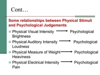 Cont…
Some relationships between Physical Stimuli
and Psychological Judgements
 Physical Visual Intensity Psychological
Brightness
 Physical Auditory Intensity Psychological
Loudness
 Physical Measure of Weight Psychological
Heaviness
 Physical Electrical Intensity Psychological
Pain
 