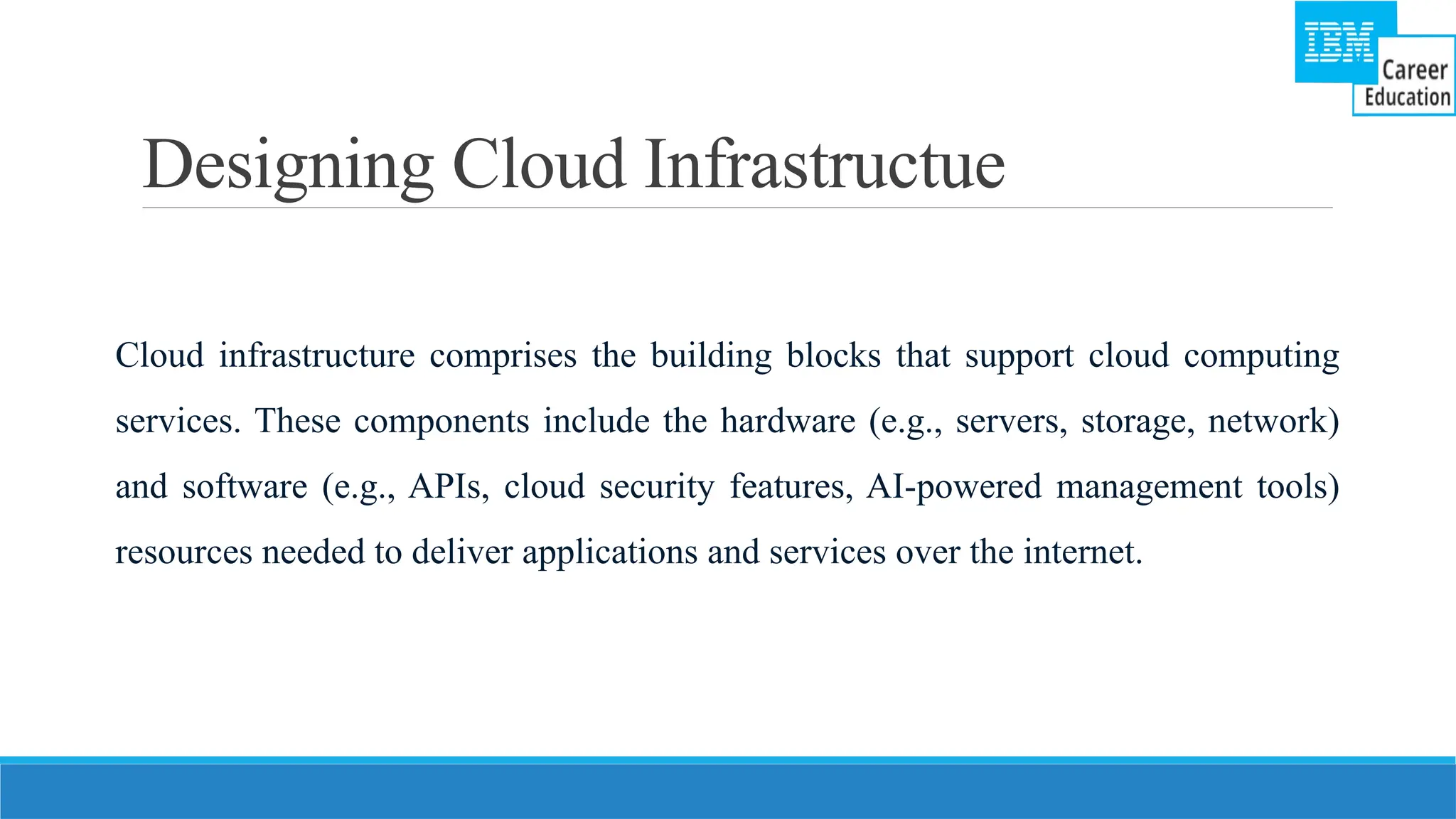 Designing Cloud Infrastructue
Cloud infrastructure comprises the building blocks that support cloud computing
services. These components include the hardware (e.g., servers, storage, network)
and software (e.g., APIs, cloud security features, AI-powered management tools)
resources needed to deliver applications and services over the internet.
 