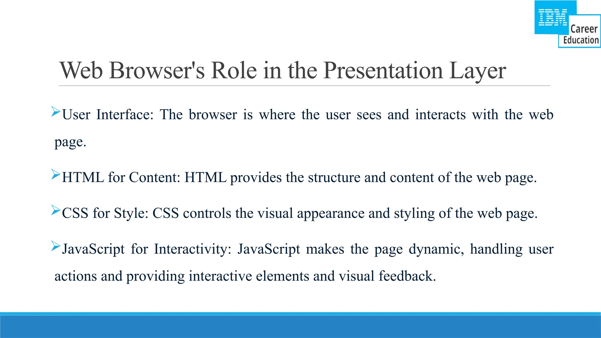Web Browser's Role in the Presentation Layer
User Interface: The browser is where the user sees and interacts with the web
page.
HTML for Content: HTML provides the structure and content of the web page.
CSS for Style: CSS controls the visual appearance and styling of the web page.
JavaScript for Interactivity: JavaScript makes the page dynamic, handling user
actions and providing interactive elements and visual feedback.
 