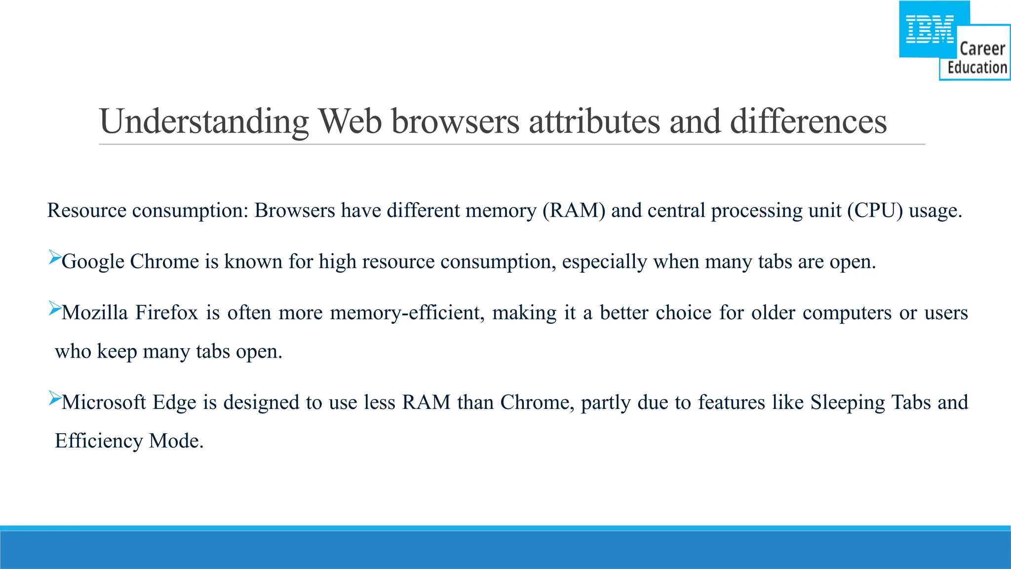 Understanding Web browsers attributes and differences
Resource consumption: Browsers have different memory (RAM) and central processing unit (CPU) usage.
Google Chrome is known for high resource consumption, especially when many tabs are open.
Mozilla Firefox is often more memory-efficient, making it a better choice for older computers or users
who keep many tabs open.
Microsoft Edge is designed to use less RAM than Chrome, partly due to features like Sleeping Tabs and
Efficiency Mode.
 
