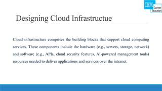 Designing Cloud Infrastructue
Cloud infrastructure comprises the building blocks that support cloud computing
services. These components include the hardware (e.g., servers, storage, network)
and software (e.g., APIs, cloud security features, AI-powered management tools)
resources needed to deliver applications and services over the internet.
 