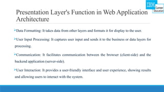 Presentation Layer's Function in Web Application
Architecture
Data Formatting: It takes data from other layers and formats it for display to the user.
User Input Processing: It captures user input and sends it to the business or data layers for
processing.
Communication: It facilitates communication between the browser (client-side) and the
backend application (server-side).
User Interaction: It provides a user-friendly interface and user experience, showing results
and allowing users to interact with the system.
 