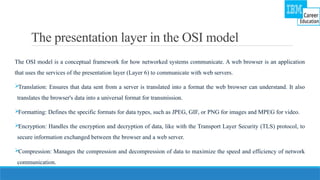 The presentation layer in the OSI model
The OSI model is a conceptual framework for how networked systems communicate. A web browser is an application
that uses the services of the presentation layer (Layer 6) to communicate with web servers.
Translation: Ensures that data sent from a server is translated into a format the web browser can understand. It also
translates the browser's data into a universal format for transmission.
Formatting: Defines the specific formats for data types, such as JPEG, GIF, or PNG for images and MPEG for video.
Encryption: Handles the encryption and decryption of data, like with the Transport Layer Security (TLS) protocol, to
secure information exchanged between the browser and a web server.
Compression: Manages the compression and decompression of data to maximize the speed and efficiency of network
communication.
 