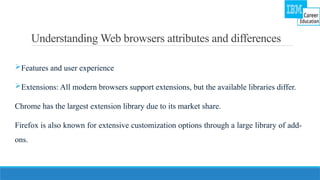 Understanding Web browsers attributes and differences
Features and user experience
Extensions: All modern browsers support extensions, but the available libraries differ.
Chrome has the largest extension library due to its market share.
Firefox is also known for extensive customization options through a large library of add-
ons.
 