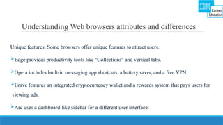 Understanding Web browsers attributes and differences
Unique features: Some browsers offer unique features to attract users.
Edge provides productivity tools like "Collections" and vertical tabs.
Opera includes built-in messaging app shortcuts, a battery saver, and a free VPN.
Brave features an integrated cryptocurrency wallet and a rewards system that pays users for
viewing ads.
Arc uses a dashboard-like sidebar for a different user interface.
 