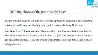 Building blocks of the presentation layer
The presentation layer is the part of a software application responsible for displaying
information to the user and handling user input. Its primary building blocks are:
User interface (UI) components: These are the visual elements that a user interacts
with, such as text fields, buttons, and graphics. The goal is to provide a clean, intuitive,
and accessible interface. They are created using technologies like HTML and CSS for
web applications.
 