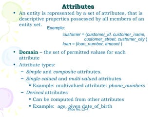 Attributes An entity is represented by a set of attributes, that is descriptive properties possessed by all members of an entity set. Domain  – the set of permitted values for each attribute  Attribute types: Simple  and  composite  attributes. Single-valued  and  multi-valued  attributes Example: multivalued attribute:  phone_numbers Derived  attributes Can be computed from other attributes Example:  age, given date_of_birth Example:  customer =  ( customer_id, customer_name,    customer_street, customer_city  ) loan =  ( loan_number, amount  ) 