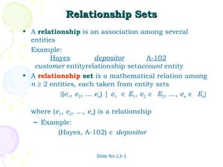 Relationship Sets A  relationship  is an association among several entities Example: Hayes depositor A-102 customer  entity relationship set account  entity A  relationship  set  is a mathematical relation among  n     2 entities, each taken from entity sets {( e 1 ,  e 2 , …  e n ) |  e 1      E 1 ,  e 2      E 2 , …,  e n      E n } where ( e 1 ,  e 2 , …,  e n ) is a relationship Example:    (Hayes, A-102)     depositor 