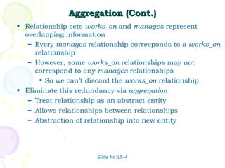 Aggregation (Cont.) Relationship sets  works_on  and  manages  represent overlapping information Every  manages  relationship corresponds to a  works_on  relationship However, some  works_on  relationships may not correspond to any  manages  relationships  So we can’t discard the  works_on  relationship Eliminate this redundancy via  aggregation Treat relationship as an abstract entity Allows relationships between relationships  Abstraction of relationship into new entity 