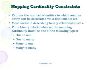 Slide No:L2-6
Mapping Cardinality Constraints
Mapping Cardinality Constraints
• Express the number of entities to which another
entity can be associated via a relationship set.
• Most useful in describing binary relationship sets.
• For a binary relationship set the mapping
cardinality must be one of the following types:
– One to one
– One to many
– Many to one
– Many to many
 