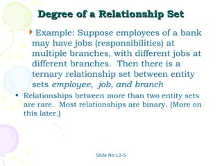 Slide No:L3-5
Degree of a Relationship Set
Degree of a Relationship Set
Example: Suppose employees of a bank
may have jobs (responsibilities) at
multiple branches, with different jobs at
different branches. Then there is a
ternary relationship set between entity
sets employee, job, and branch
• Relationships between more than two entity sets
are rare. Most relationships are binary. (More on
this later.)
 