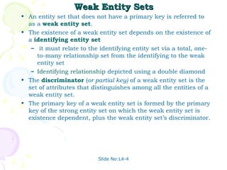 Slide No:L4-4
Weak Entity Sets
Weak Entity Sets
• An entity set that does not have a primary key is referred to
as a weak entity set.
• The existence of a weak entity set depends on the existence of
a identifying entity set
– it must relate to the identifying entity set via a total, one-
to-many relationship set from the identifying to the weak
entity set
– Identifying relationship depicted using a double diamond
• The discriminator (or partial key) of a weak entity set is the
set of attributes that distinguishes among all the entities of a
weak entity set.
• The primary key of a weak entity set is formed by the primary
key of the strong entity set on which the weak entity set is
existence dependent, plus the weak entity set’s discriminator.
 