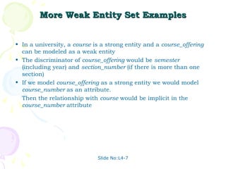 Slide No:L4-7
More Weak Entity Set Examples
More Weak Entity Set Examples
• In a university, a course is a strong entity and a course_offering
can be modeled as a weak entity
• The discriminator of course_offering would be semester
(including year) and section_number (if there is more than one
section)
• If we model course_offering as a strong entity we would model
course_number as an attribute.
Then the relationship with course would be implicit in the
course_number attribute
 