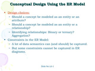 Slide No:L6-1
Conceptual Design Using the ER Model
Conceptual Design Using the ER Model
• Design choices:
– Should a concept be modeled as an entity or an
attribute?
– Should a concept be modeled as an entity or a
relationship?
– Identifying relationships: Binary or ternary?
Aggregation?
• Constraints in the ER Model:
– A lot of data semantics can (and should) be captured.
– But some constraints cannot be captured in ER
diagrams.
 