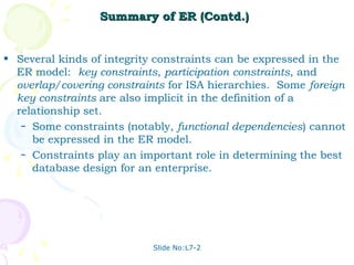 Slide No:L7-2
Summary of ER (Contd.)
Summary of ER (Contd.)
• Several kinds of integrity constraints can be expressed in the
ER model: key constraints, participation constraints, and
overlap/covering constraints for ISA hierarchies. Some foreign
key constraints are also implicit in the definition of a
relationship set.
– Some constraints (notably, functional dependencies) cannot
be expressed in the ER model.
– Constraints play an important role in determining the best
database design for an enterprise.
 