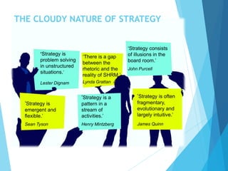 ‘Strategy is
problem solving
in unstructured
situations.’
Lester Dignam
‘There is a gap
between the
rhetoric and the
reality of SHRM.’
Lynda Grattan
‘Strategy consists
of illusions in the
board room.’
John Purcell
‘Strategy is
emergent and
flexible.’
Sean Tyson
‘Strategy is a
pattern in a
stream of
activities.’
Henry Mintzberg
‘Strategy is often
fragmentary,
evolutionary and
largely intuitive.’
James Quinn
THE CLOUDY NATURE OF STRATEGY
 