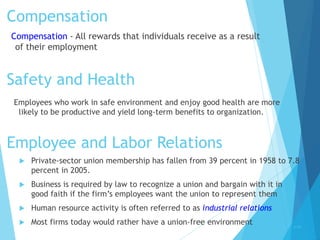 Compensation
Compensation - All rewards that individuals receive as a result
of their employment
1-23
Safety and Health
Employees who work in safe environment and enjoy good health are more
likely to be productive and yield long-term benefits to organization.
Employee and Labor Relations
 Private-sector union membership has fallen from 39 percent in 1958 to 7.8
percent in 2005.
 Business is required by law to recognize a union and bargain with it in
good faith if the firm’s employees want the union to represent them
 Human resource activity is often referred to as industrial relations
 Most firms today would rather have a union-free environment
 