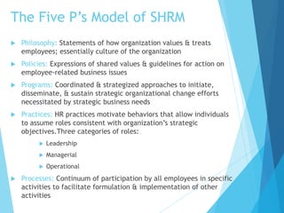 The Five P’s Model of SHRM
 Philosophy: Statements of how organization values & treats
employees; essentially culture of the organization
 Policies: Expressions of shared values & guidelines for action on
employee-related business issues
 Programs: Coordinated & strategized approaches to initiate,
disseminate, & sustain strategic organizational change efforts
necessitated by strategic business needs
 Practices: HR practices motivate behaviors that allow individuals
to assume roles consistent with organization’s strategic
objectives.Three categories of roles:
 Leadership
 Managerial
 Operational
 Processes: Continuum of participation by all employees in specific
activities to facilitate formulation & implementation of other
activities
 