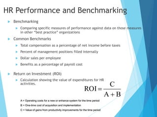 HR Performance and Benchmarking
 Benchmarking
 Comparing specific measures of performance against data on those measures
in other “best practice” organizations
 Common Benchmarks
 Total compensation as a percentage of net income before taxes
 Percent of management positions filled internally
 Dollar sales per employee
 Benefits as a percentage of payroll cost
 Return on Investment (ROI)
 Calculation showing the value of expenditures for HR
activities.
A = Operating costs for a new or enhance system for the time period
B = One-time cost of acquisition and implementation
C = Value of gains from productivity improvements for the time period
BA
C
ROI


 