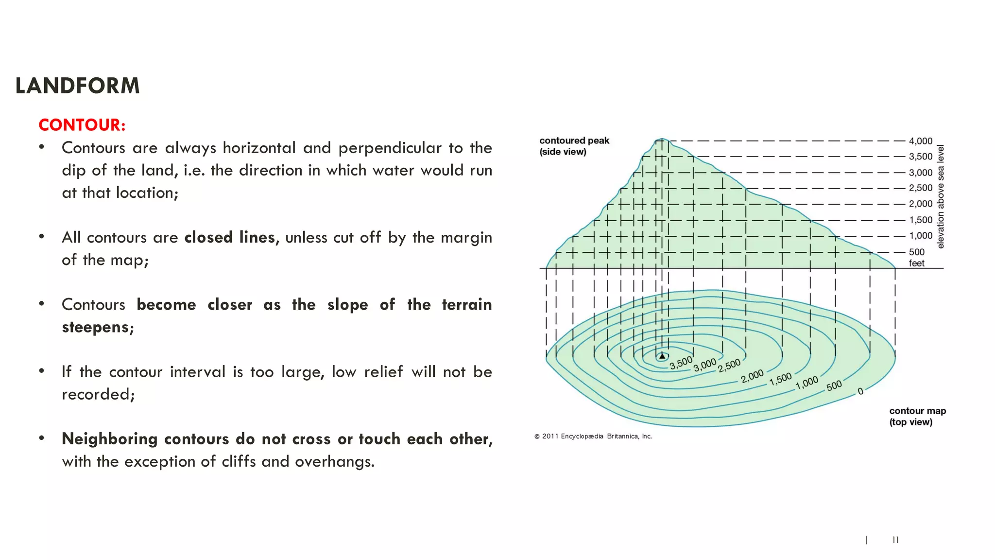 | 11
LANDFORM
CONTOUR:
• Contours are always horizontal and perpendicular to the
dip of the land, i.e. the direction in which water would run
at that location;
• All contours are closed lines, unless cut off by the margin
of the map;
• Contours become closer as the slope of the terrain
steepens;
• If the contour interval is too large, low relief will not be
recorded;
• Neighboring contours do not cross or touch each other,
with the exception of cliffs and overhangs.
 
