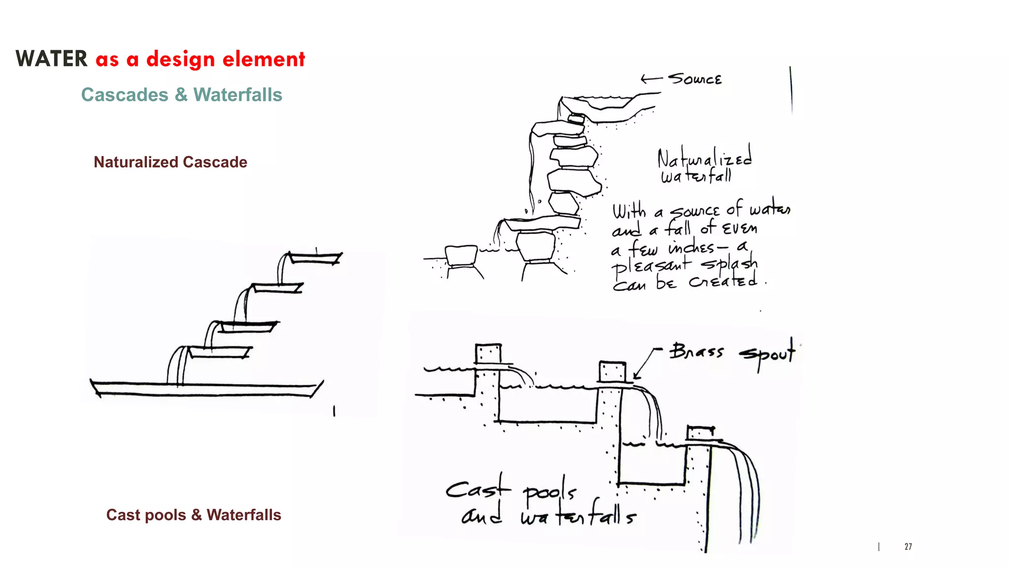 | 27
WATER as a design element
Cascades & Waterfalls
Naturalized Cascade
Cast pools & Waterfalls
 