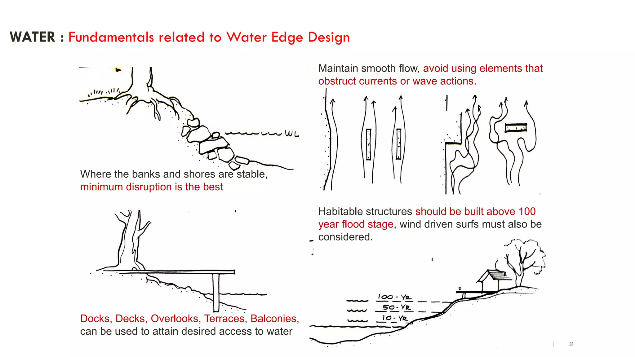 | 31
WATER : Fundamentals related to Water Edge Design
Docks, Decks, Overlooks, Terraces, Balconies,
can be used to attain desired access to water
Where the banks and shores are stable,
minimum disruption is the best
Habitable structures should be built above 100
year flood stage, wind driven surfs must also be
considered.
Maintain smooth flow, avoid using elements that
obstruct currents or wave actions.
 
