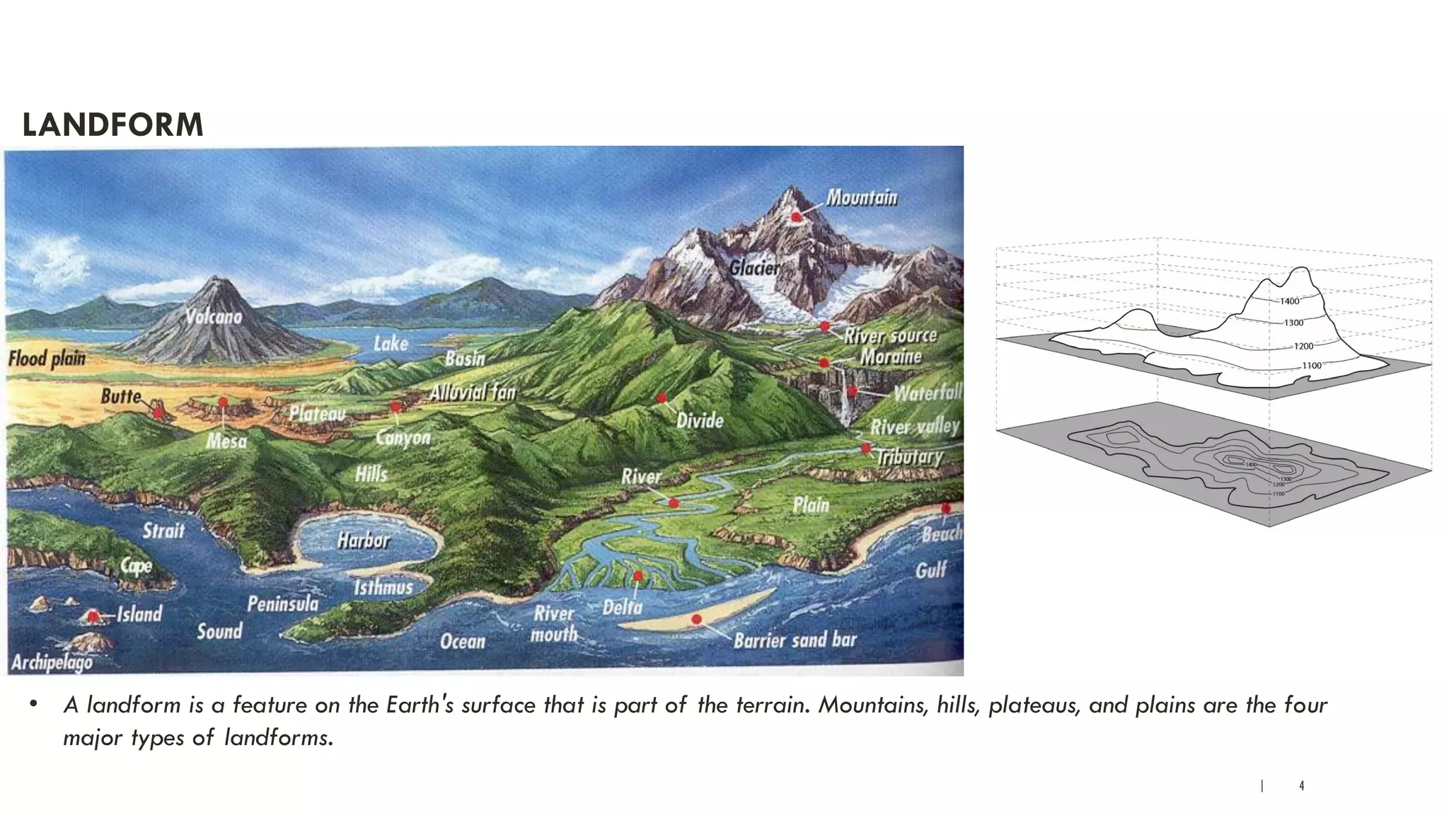 | 4
LANDFORM
• A landform is a feature on the Earth's surface that is part of the terrain. Mountains, hills, plateaus, and plains are the four
major types of landforms.
 