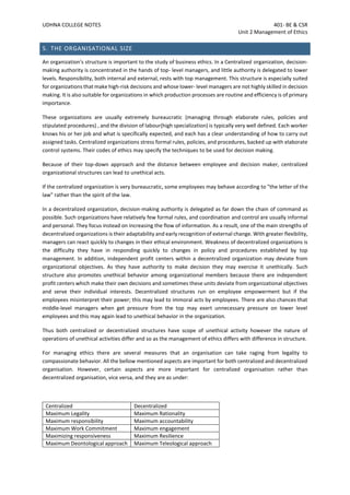 UDHNA COLLEGE NOTES 401- BE & CSR
Unit 2 Management of Ethics
5. THE ORGANISATIONAL SIZE
An organization's structure is important to the study of business ethics. In a Centralized organization, decision-
making authority is concentrated in the hands of top- level managers, and little authority is delegated to lower
levels. Responsibility, both internal and external, rests with top management. This structure is especially suited
for organizations that make high-risk decisions and whose lower- level managers are not highly skilled in decision
making. It is also suitable for organizations in which production processes are routine and efficiency is of primary
importance.
These organizations are usually extremely bureaucratic (managing through elaborate rules, policies and
stipulated procedures) , and the division of labour(high specialization) is typically very well defined. Each worker
knows his or her job and what is specifically expected, and each has a clear understanding of how to carry out
assigned tasks. Centralized organizations stress formal rules, policies, and procedures, backed up with elaborate
control systems. Their codes of ethics may specify the techniques to be used for decision making.
Because of their top-down approach and the distance between employee and decision maker, centralized
organizational structures can lead to unethical acts.
If the centralized organization is very bureaucratic, some employees may behave according to "the letter of the
law" rather than the spirit of the law.
In a decentralized organization, decision-making authority is delegated as far down the chain of command as
possible. Such organizations have relatively few formal rules, and coordination and control are usually informal
and personal. They focus instead on increasing the flow of information. As a result, one of the main strengths of
decentralized organizations is their adaptability and early recognition of external change. With greater flexibility,
managers can react quickly to changes in their ethical environment. Weakness of decentralized organizations is
the difficulty they have in responding quickly to changes in policy and procedures established by top
management. In addition, independent profit centers within a decentralized organization may deviate from
organizational objectives. As they have authority to make decision they may exercise it unethically. Such
structure also promotes unethical behavior among organizational members because there are independent
profit centers which make their own decisions and sometimes these units deviate from organizational objectives
and serve their individual interests. Decentralized structures run on employee empowerment but if the
employees misinterpret their power; this may lead to immoral acts by employees. There are also chances that
middle-level managers when get pressure from the top may exert unnecessary pressure on lower level
employees and this may again lead to unethical behavior in the organization.
Thus both centralized or decentralized structures have scope of unethical activity however the nature of
operations of unethical activities differ and so as the management of ethics differs with difference in structure.
For managing ethics there are several measures that an organisation can take raging from legality to
compassionate behavior. All the bellow mentioned aspects are important for both centralized and decentralized
organisation. However, certain aspects are more important for centralized organisation rather than
decentralized organisation, vice versa, and they are as under:
Centralized Decentralized
Maximum Legality Maximum Rationality
Maximum responsibility Maximum accountability
Maximum Work Commitment Maximum engagement
Maximizing responsiveness Maximum Resilience
Maximum Deontological approach Maximum Teleological approach
 