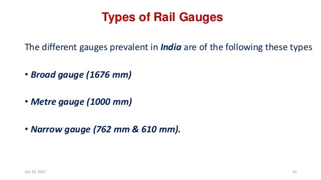 Types of Rail Gauges
The different gauges prevalent in India are of the following these types
• Broad gauge (1676 mm)
• Me...