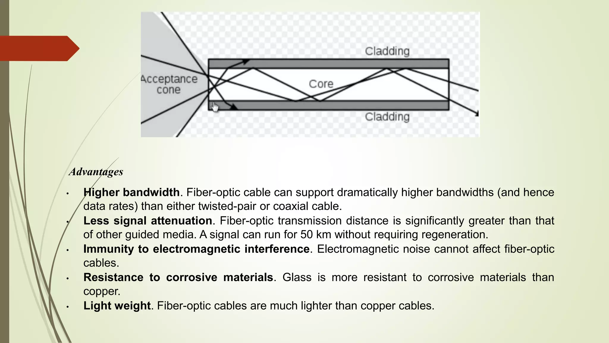 Advantages
• Higher bandwidth. Fiber-optic cable can support dramatically higher bandwidths (and hence
data rates) than either twisted-pair or coaxial cable.
• Less signal attenuation. Fiber-optic transmission distance is significantly greater than that
of other guided media. A signal can run for 50 km without requiring regeneration.
• Immunity to electromagnetic interference. Electromagnetic noise cannot affect fiber-optic
cables.
• Resistance to corrosive materials. Glass is more resistant to corrosive materials than
copper.
• Light weight. Fiber-optic cables are much lighter than copper cables.
 