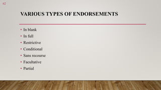 VARIOUS TYPES OF ENDORSEMENTS
• In blank
• In full
• Restrictive
• Conditional
• Sans recourse
• Facultative
• Partial
62
 