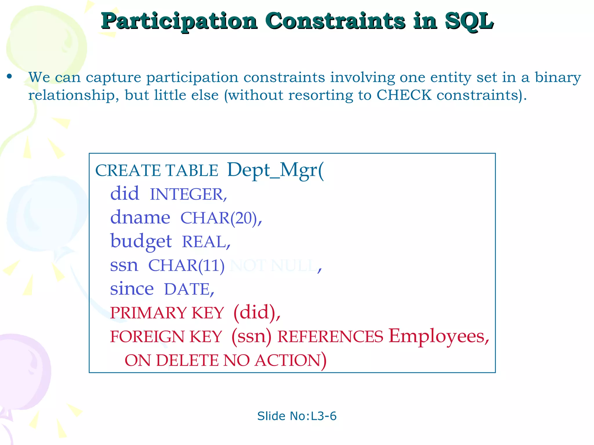 Participation Constraints in SQL We can capture participation constraints involving one entity set in a binary relationship, but little else (without resorting to CHECK constraints). CREATE TABLE  Dept_Mgr( did  INTEGER, dname  CHAR(20) , budget  REAL , ssn  CHAR(11)  NOT NULL , since  DATE , PRIMARY KEY  (did), FOREIGN KEY  (ssn)  REFERENCES  Employees, ON DELETE NO ACTION ) 