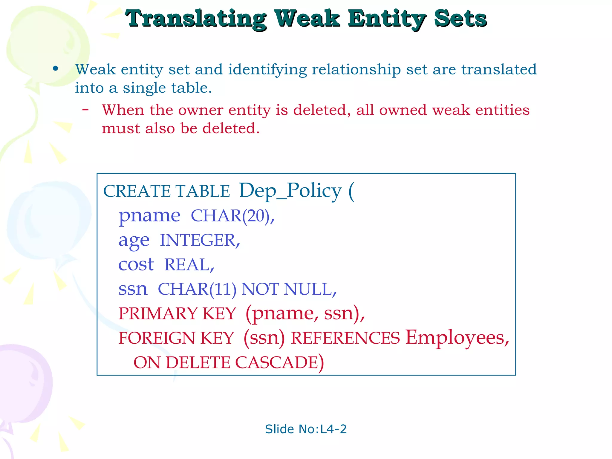 Translating Weak Entity Sets Weak entity set and identifying relationship set are translated into a single table. When the owner entity is deleted, all owned weak entities must also be deleted. CREATE TABLE  Dep_Policy ( pname  CHAR(20) , age  INTEGER , cost  REAL , ssn  CHAR(11) NOT NULL , PRIMARY KEY  (pname, ssn), FOREIGN KEY  (ssn)  REFERENCES  Employees, ON DELETE CASCADE ) 