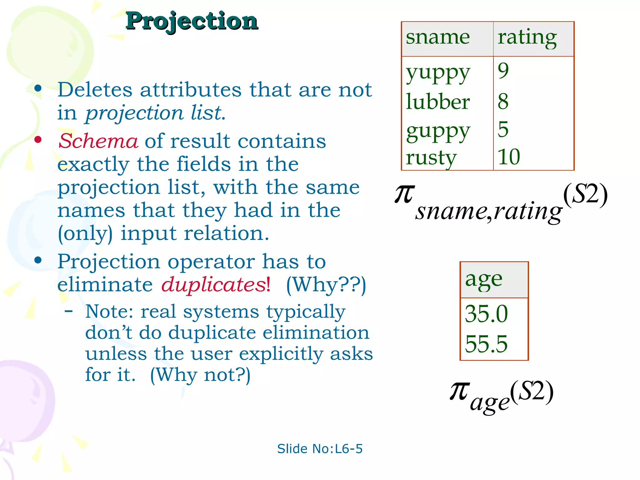 Projection Deletes attributes that are not in  projection list . Schema  of result contains exactly the fields in the projection list, with the same names that they had in the (only) input relation. Projection operator has to eliminate  duplicates !   (Why??) Note: real systems typically don’t do duplicate elimination unless the user explicitly asks for it.  (Why not?) 