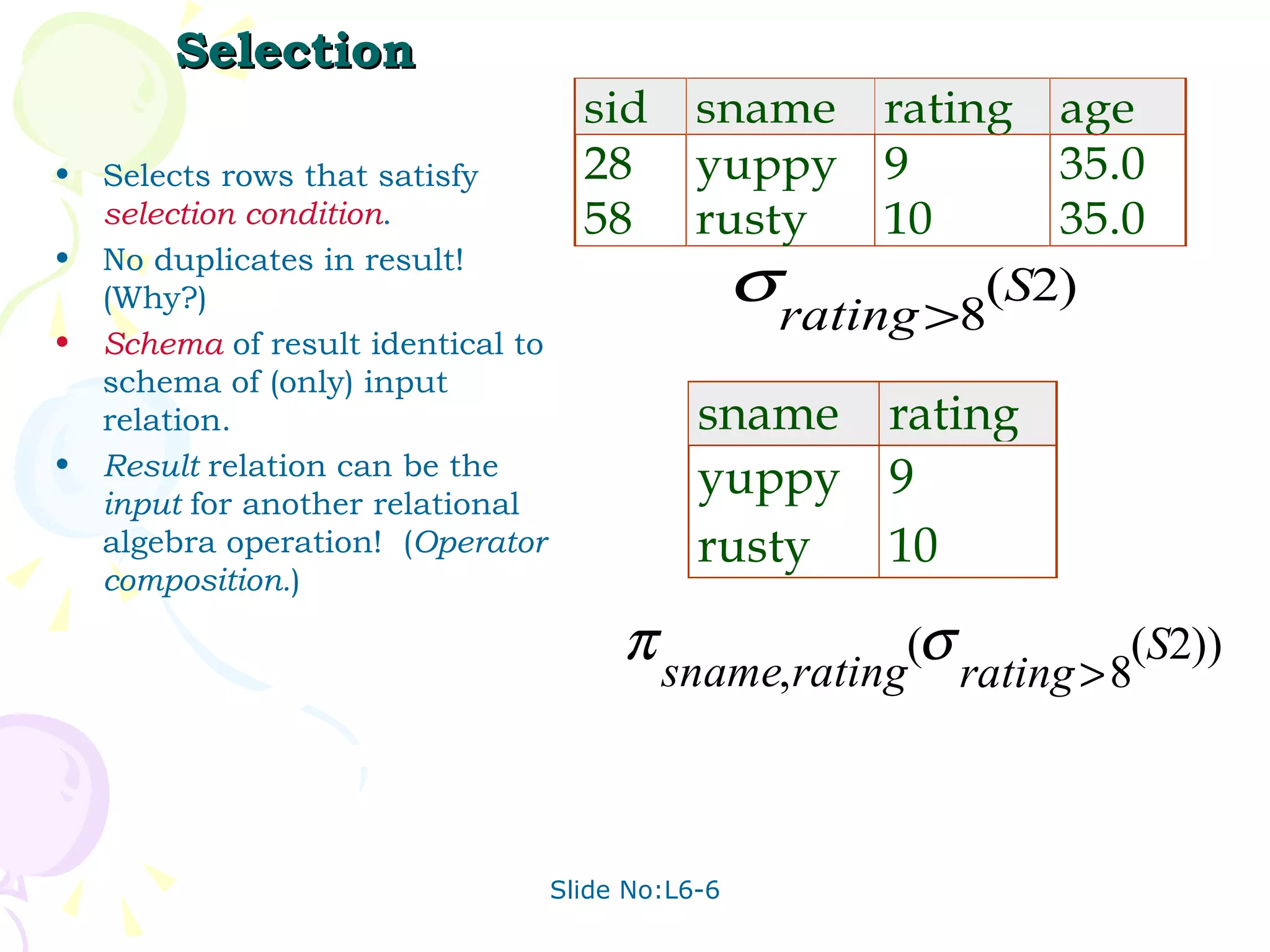 Selection Selects rows that satisfy  selection condition . No duplicates in result!  (Why?) Schema  of result identical to schema of (only) input relation. Result  relation can be the  input  for another relational algebra operation!  ( Operator   composition. ) 