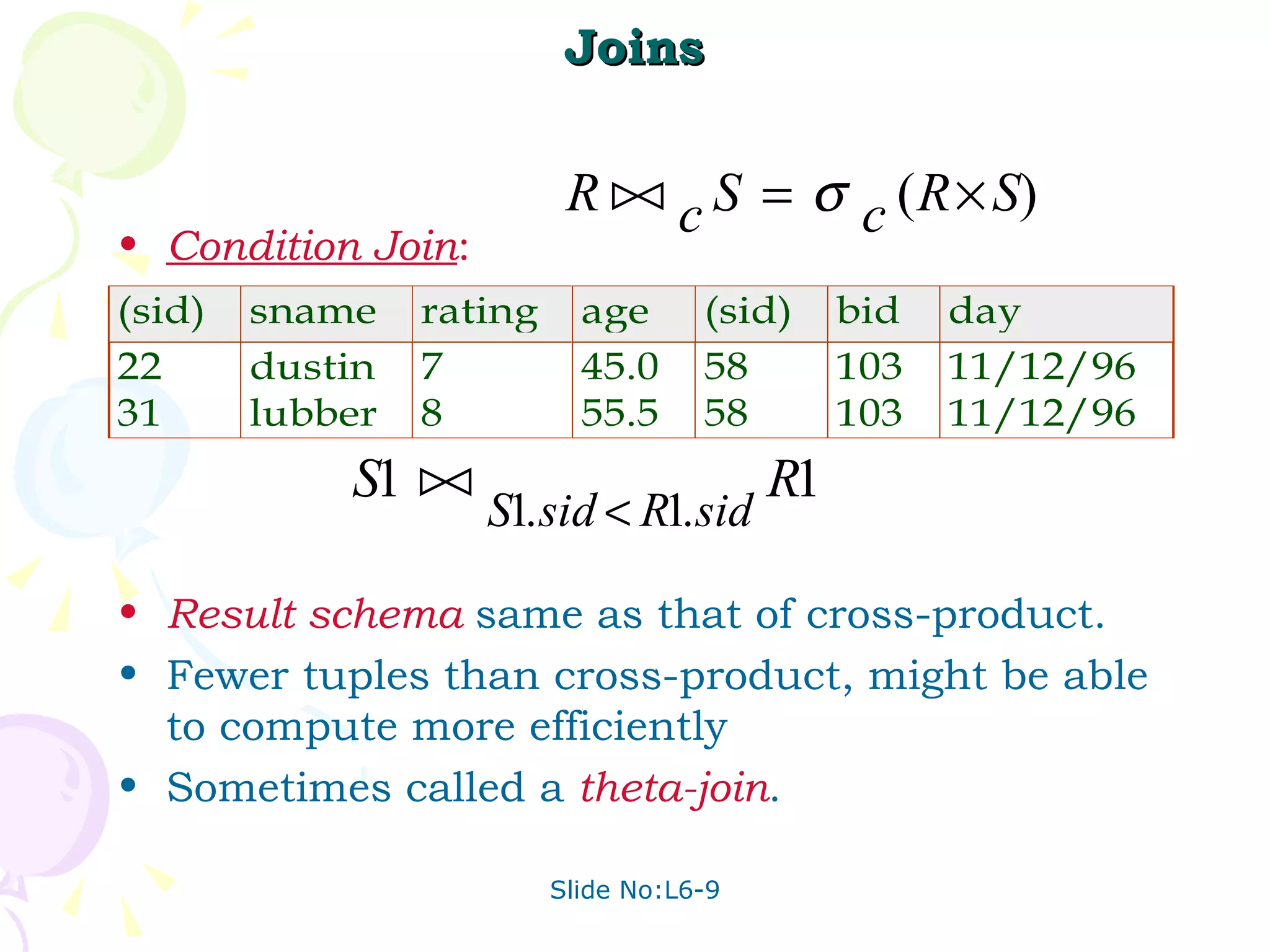 Joins Condition Join : Result   schema   same as that of cross-product. Fewer tuples than cross-product, might be able to compute more efficiently Sometimes called a  theta-join .  