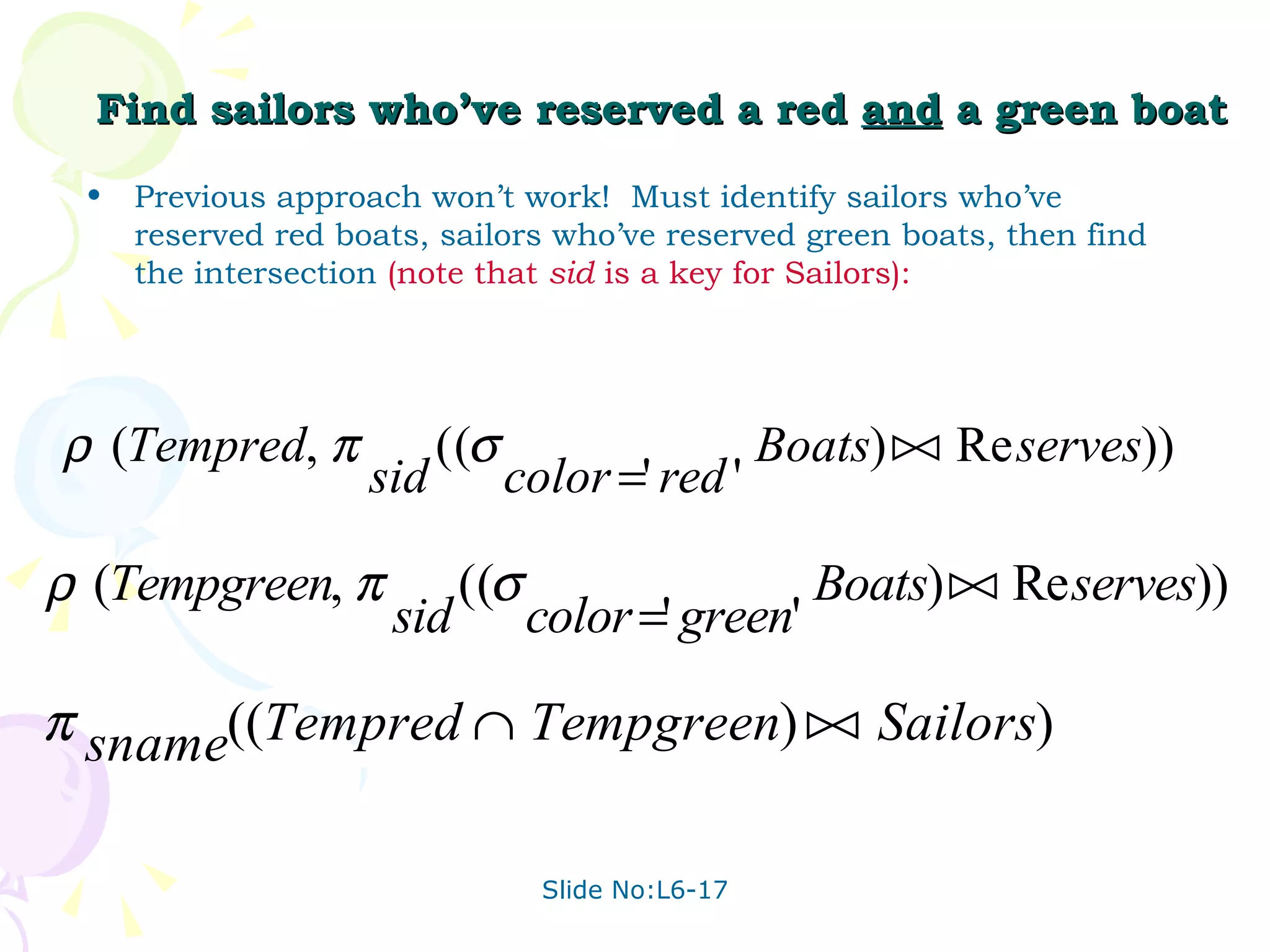 Find sailors who’ve reserved a red  and  a green boat Previous approach won’t work!  Must identify sailors who’ve reserved red boats, sailors who’ve reserved green boats, then find the intersection  (note that  sid  is a key for Sailors): 