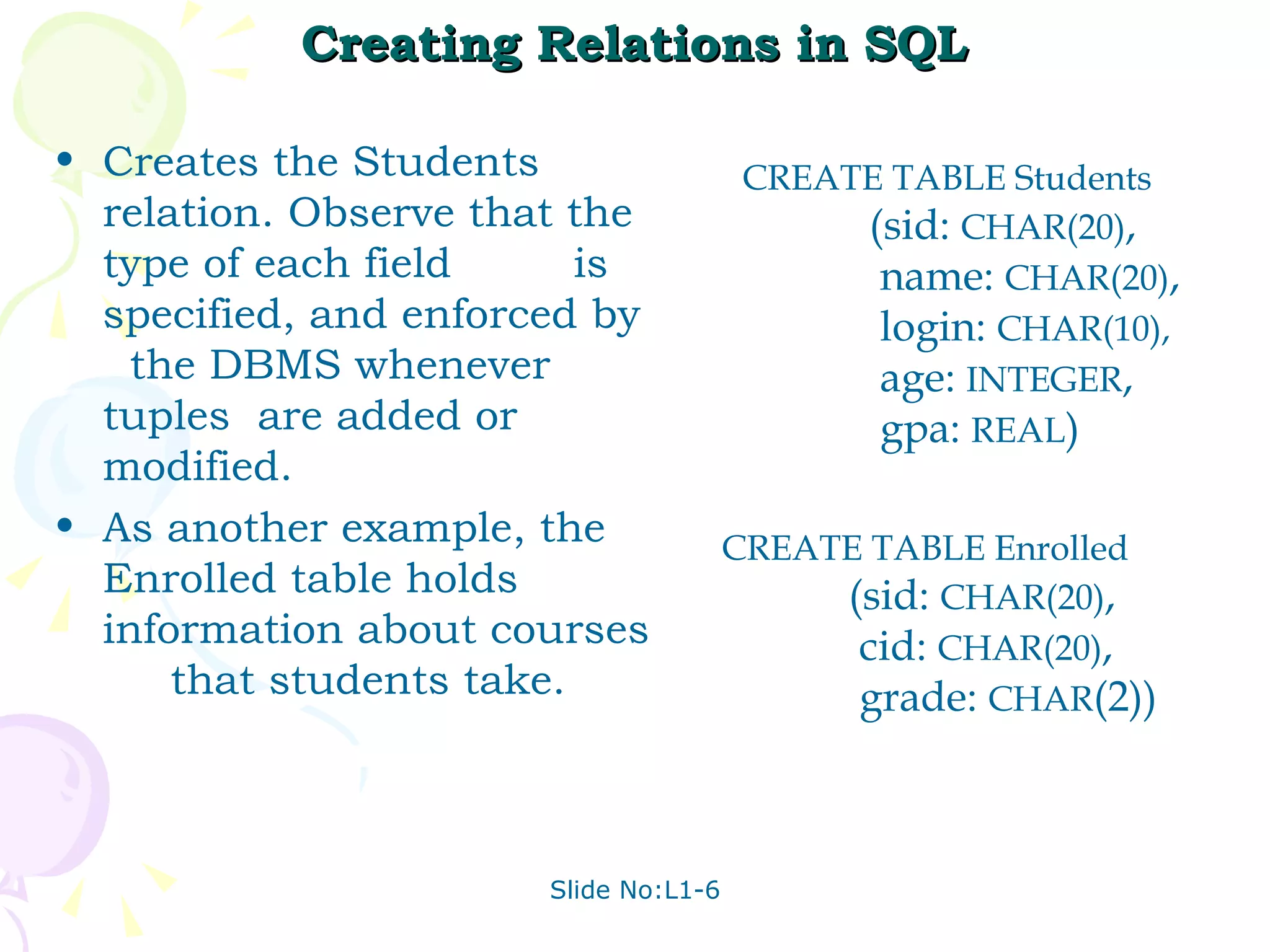 Creating Relations in SQL Creates the Students relation. Observe that the type of each field  is specified, and enforced by  the DBMS whenever tuples  are added or modified.  As another example, the  Enrolled table holds  information about courses  that students take. CREATE TABLE Students (sid:  CHAR(20) ,    name:  CHAR(20) ,    login:  CHAR(10),   age:  INTEGER ,   gpa:  REAL )  CREATE TABLE Enrolled (sid:  CHAR(20) ,    cid:  CHAR(20) ,    grade:  CHAR (2))  