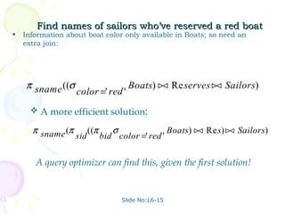 Find names of sailors who’ve reserved a red boat Information about boat color only available in Boats; so need an extra join: Slide No:L6-15 A query optimizer can find this, given the first solution! A more efficient solution : 