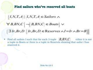 Find sailors who’ve reserved all boats Find all sailors  I  such that for each 3-tuple  either it is not a tuple in Boats or there is a tuple in Reserves showing that sailor  I  has reserved it. Slide No:L8-5 