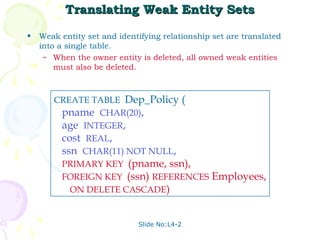 Translating Weak Entity Sets

•   Weak entity set and identifying relationship set are translated
    into a single table.
     – When the owner entity is deleted, all owned weak entities
        must also be deleted.



       CREATE TABLE Dep_Policy (
        pname CHAR(20),
        age INTEGER,
        cost REAL,
        ssn CHAR(11) NOT NULL,
        PRIMARY KEY (pname, ssn),
        FOREIGN KEY (ssn) REFERENCES Employees,
          ON DELETE CASCADE)


                             Slide No:L4-2
 