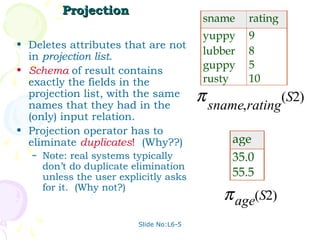 Projection
                                            sname    rating
                                            yuppy    9
• Deletes attributes that are not
  in projection list.                       lubber   8
• Schema of result contains                 guppy    5
  exactly the fields in the                 rusty    10
  projection list, with the same
  names that they had in the
                                           π sname,rating(S2)
  (only) input relation.
• Projection operator has to
  eliminate duplicates! (Why??)                  age
   –   Note: real systems typically              35.0
       don’t do duplicate elimination
       unless the user explicitly asks           55.5
                                               π age(S2)
       for it. (Why not?)


                           Slide No:L6-5
 