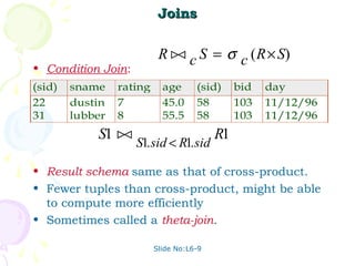 Joins

                           R  c S = σ c ( R × S)
                              
• Condition Join:
(sid)   sname    rating     age      (sid)     bid   day
22      dustin   7          45.0     58        103   11/12/96
31      lubber   8          55.5     58        103   11/12/96
            S1                          R1
                    S1. sid < R1. sid

• Result schema same as that of cross-product.
• Fewer tuples than cross-product, might be able
  to compute more efficiently
• Sometimes called a theta-join.

                          Slide No:L6-9
 