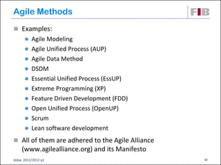 Agile Methods
 Examples:
         Agile Modeling
         Agile Unified Process (AUP)
         Agile Data Method
     ...